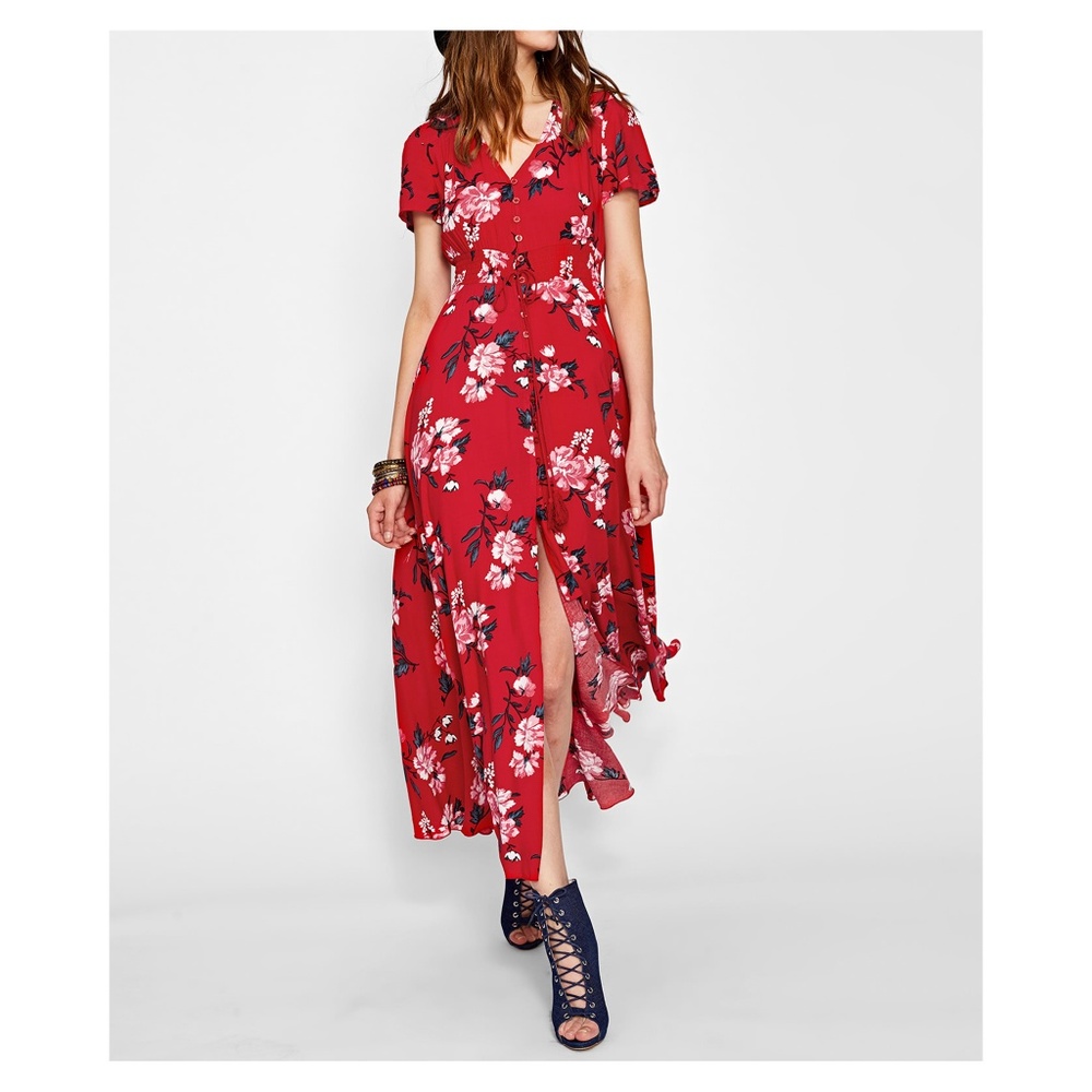 Red Floral Button Down Short Sleeve Maxi Dress - Picture 3 of 5